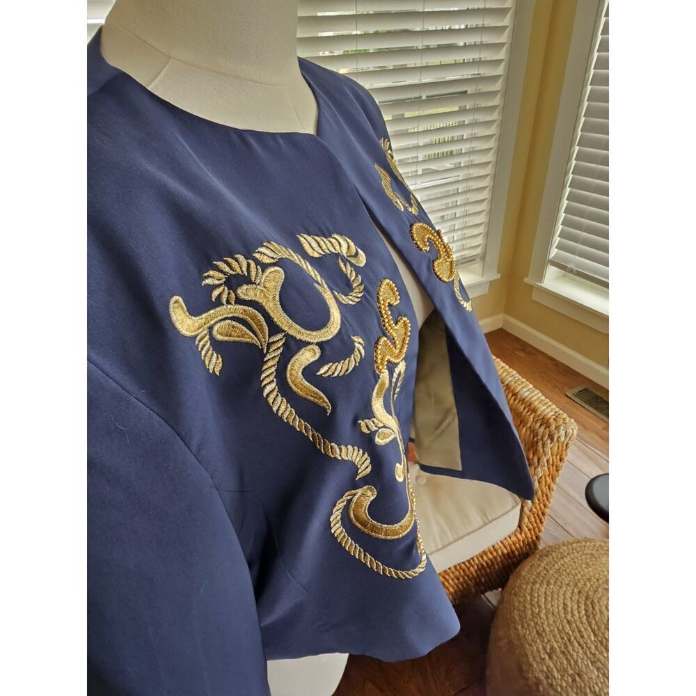 Mondi Vintage Blue Gold Embroidered Cropped Blazer Women's Size 44 Nautical - Picture 4 of 11